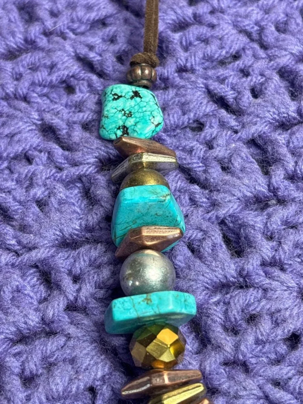 Dyed Howlite Stone Faux Turquoise 3 Tone Metal Beaded Suede Double Cord Necklace